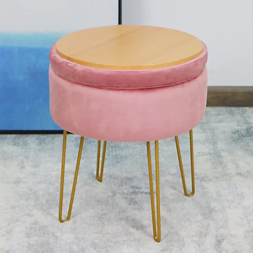 Velvet Padded Stool With Storage Seat Chair Sturdy Metallic Legs For Bedroom, Living Room, Make Up Vanity Stool -Pink 4 Velvet Padded Stool With Storage Seat Chair Sturdy Metallic Legs For Bedroom, Living Room, Make Up Vanity Stool -Pink - Image 2