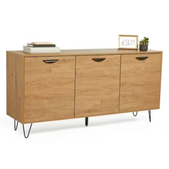 VonHaus Large Sideboard Oak Wood Effect, 3 Door Sideboard For Living Room, Storage Cabinet W/Shelving Black Hairpin Legs & Handles