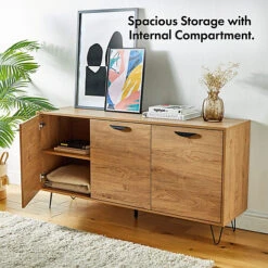 VonHaus Large Sideboard Oak Wood Effect, 3 Door Sideboard For Living Room, Storage Cabinet W/Shelving Black Hairpin Legs & Handles -Diy Shop vonhaus large sideboard oak wood effect 3 door sideboard for living room storage cabinet w shelving black hairpin legs handles5056115708848 03c MP