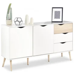 VonHaus Large Sideboard, Wide Storage Cabinet, White & Oak Wood Effect Sideboard W/ 2 Doors - For Living Room, Lounge & Hallway