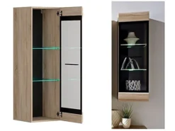 Wall Glass Display Cabinet Storage Unit Shelves Door LED Light Sonoma Oak Fever