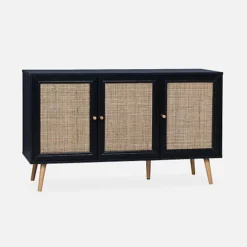 Wooden And Cane Rattan Detail Sideboard With 3 Doors 2 Shelves Scandi-style Legs 120x39x70cm - Boheme - Black -Diy Shop wooden and cane rattan detail sideboard with 3 doors 2 shelves scandi style legs 120x39x70cm boheme black3760350651938 02c MP