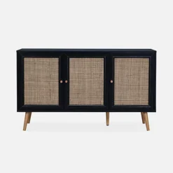 Wooden And Cane Rattan Detail Sideboard With 3 Doors 2 Shelves Scandi-style Legs 120x39x70cm - Boheme - Black -Diy Shop wooden and cane rattan detail sideboard with 3 doors 2 shelves scandi style legs 120x39x70cm boheme black3760350651938 03c MP